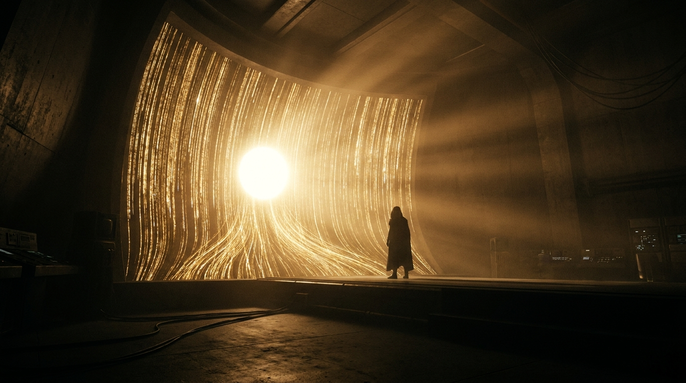 A lone figure before a wall of golden data